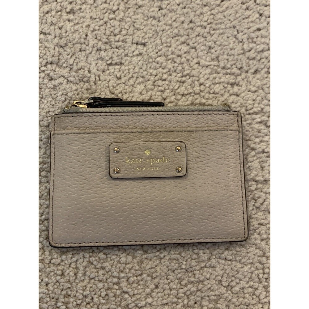 kate spade small leather card wallet in light beige with gold hardware